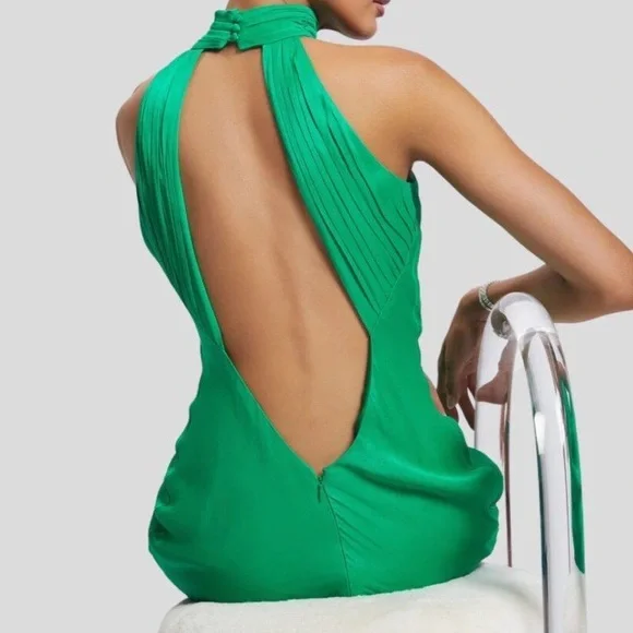 Meshki Claire Green Satin Drape Back Maxi Dress with Split - Picture 3 of 11